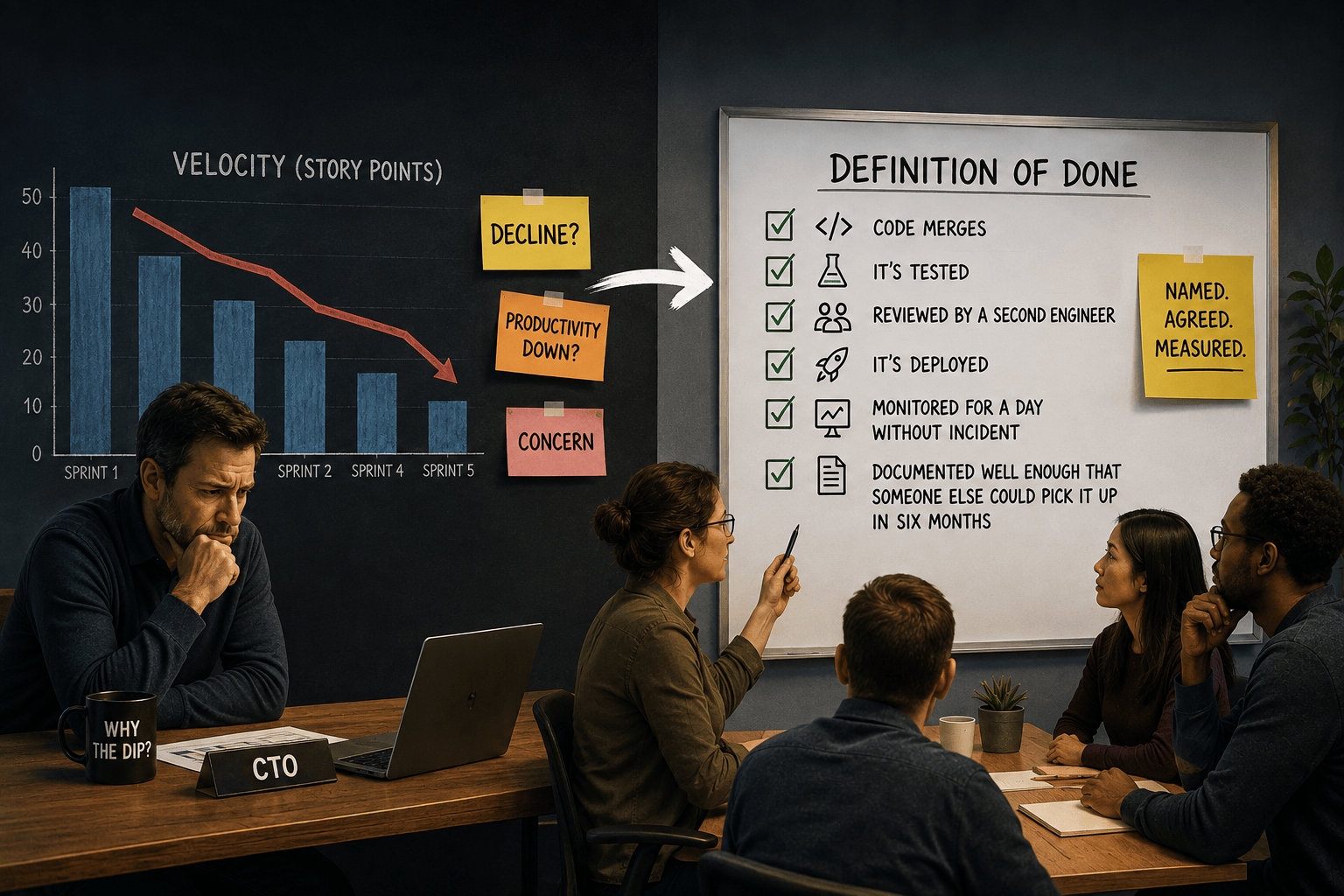 Editorial illustration showing a declining velocity chart beside a team defining clear “Done” criteria for software work.