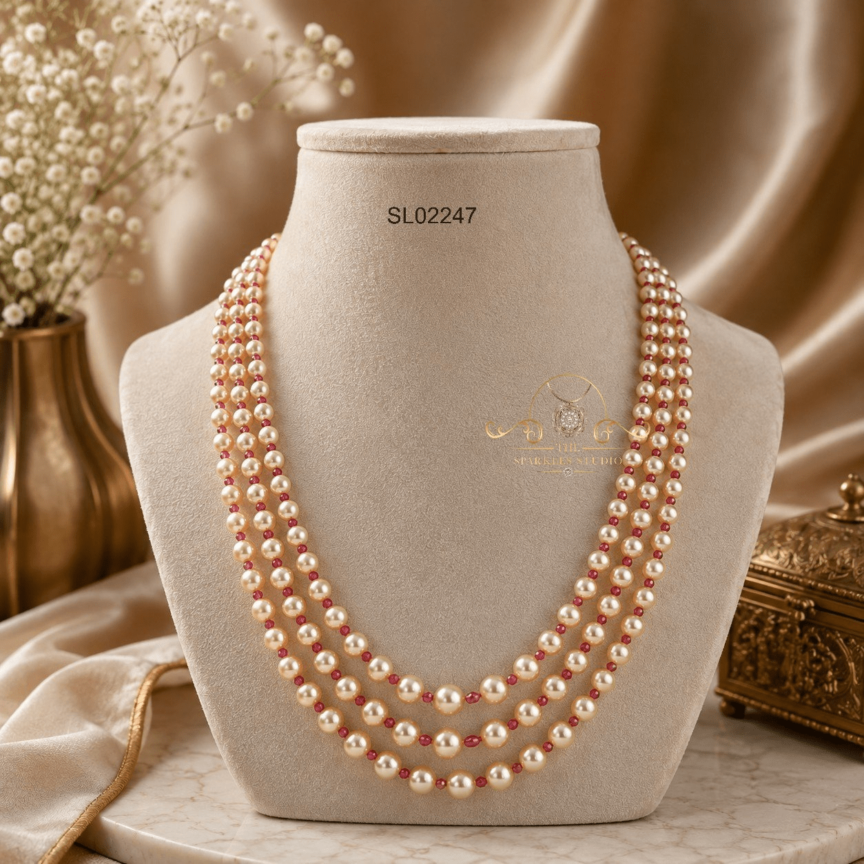 Three Row Swaroski Pearl Long Haram