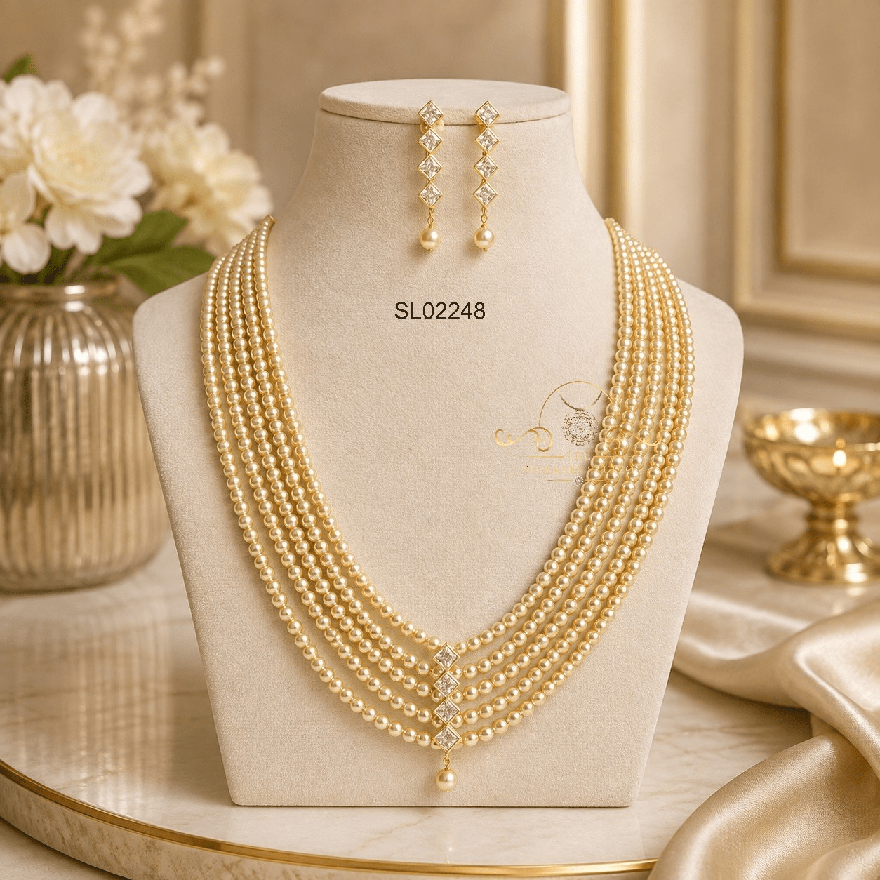 Five Row Swaroski Pearl Long Haram