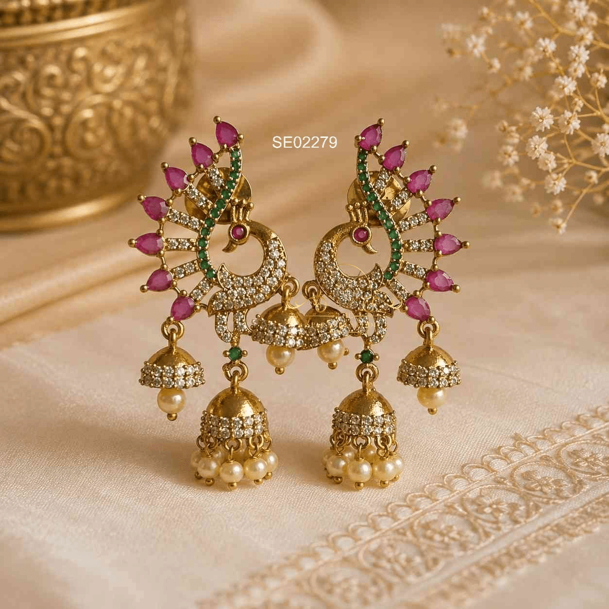 Ruby and Emerald Peacock Earrings