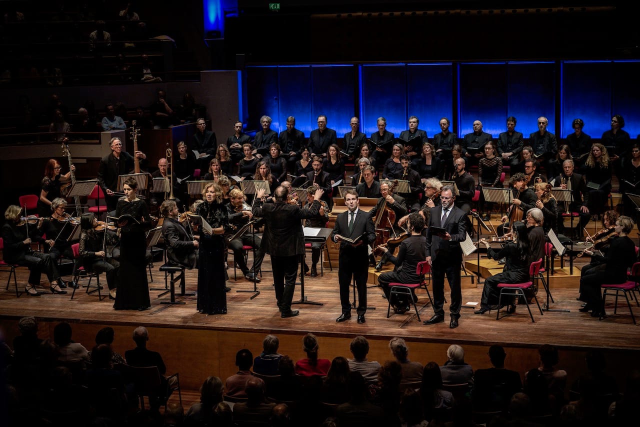 Choir, orchestra and soloists on stage
