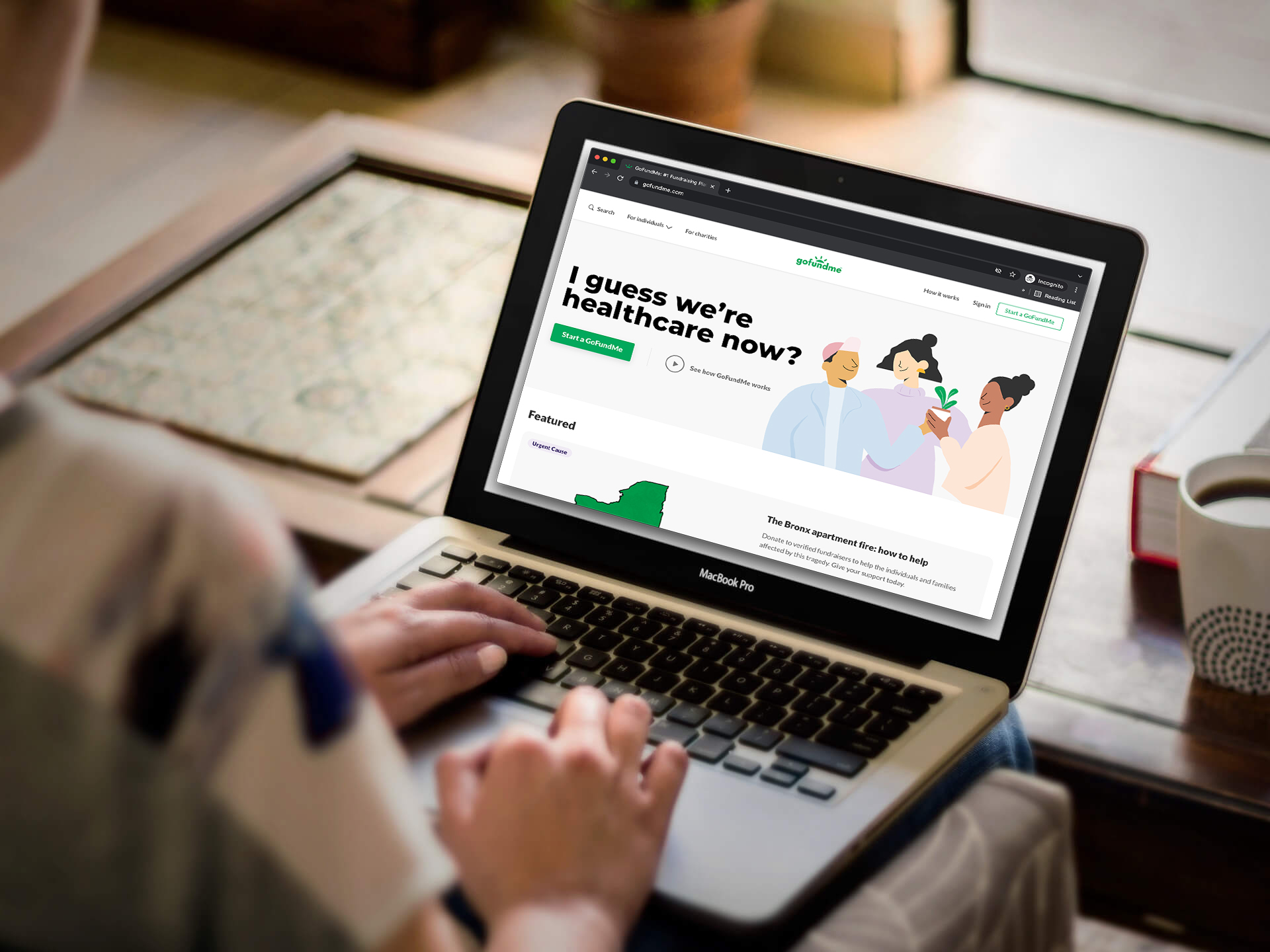 a laptop is open to a webpage reading, "I guess we’re healthcare now"?
