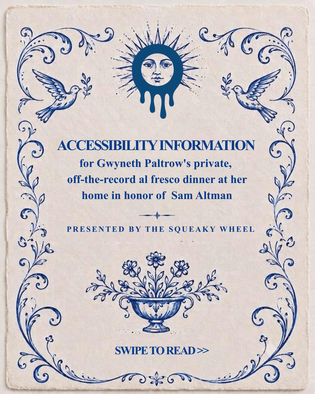 An invitation to Gwyneth Paltrow's private, off-the-record al fresco dinner honoring Sam Altman.