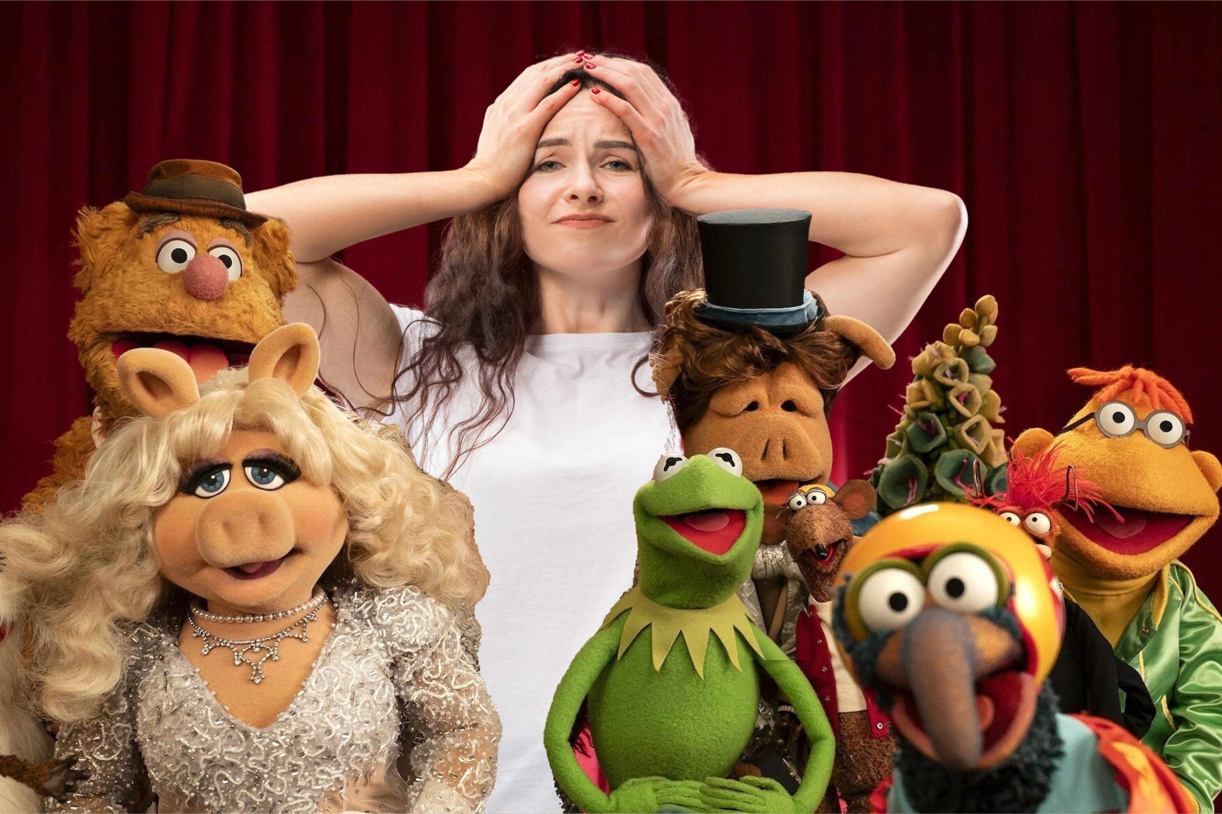 A frustrated woman stands behind the muppets