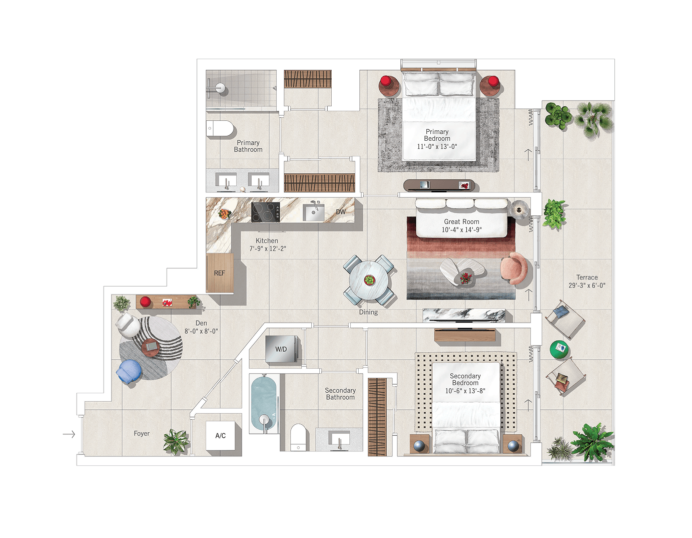 Residence 14 (2BR+Den/2BA) floor plan