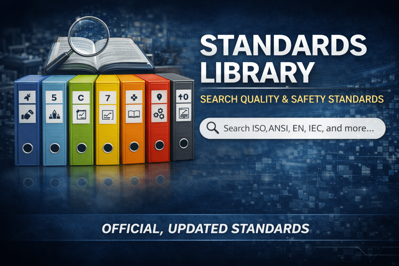Professional digital graphic representing regulatory compliance and industry standards, featuring structured document layers and audit checklist elements in a blue and gray industrial theme.