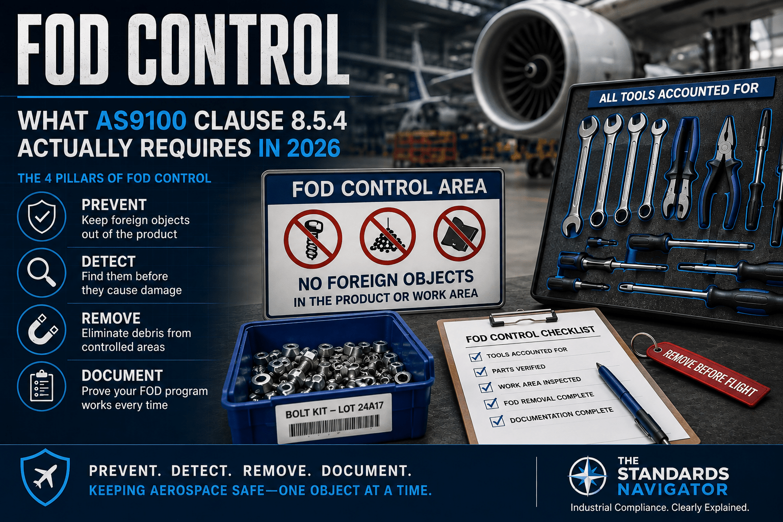 FOD control in an aerospace manufacturing facility showing AS9100 Clause 8.5.4 requirements, tool accountability, foreign object prevention, and aircraft maintenance controls.