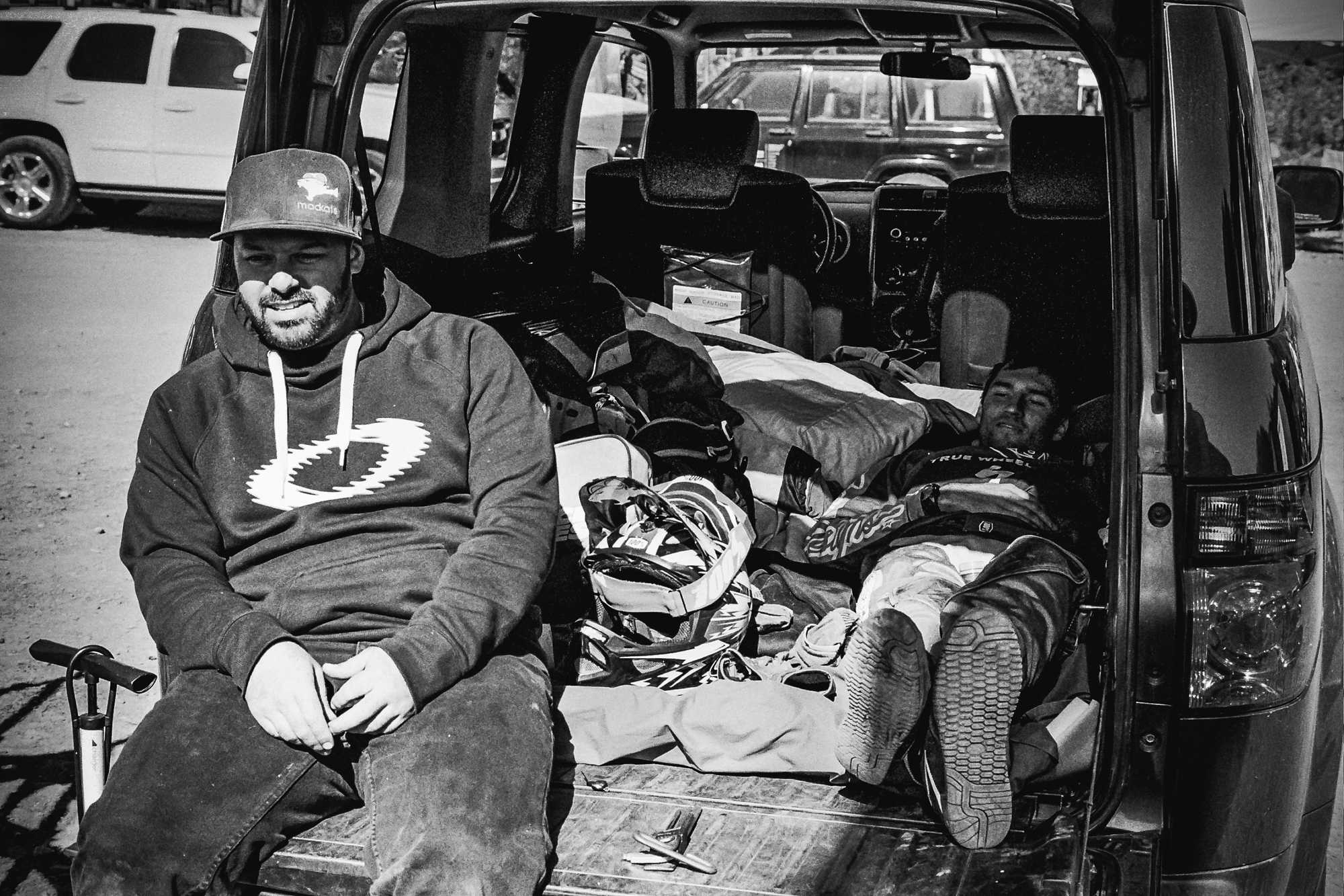 Taking a well-earned sieta from shooting and riding, Jared and Jordan spin a yarn in the parking lot. || Autumn 2014 | Roxbury, NY ||