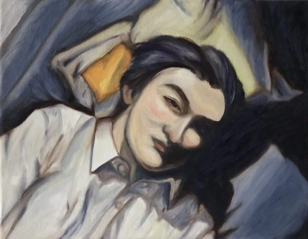 Abstract painting of a formally-dressed person lying on a bed