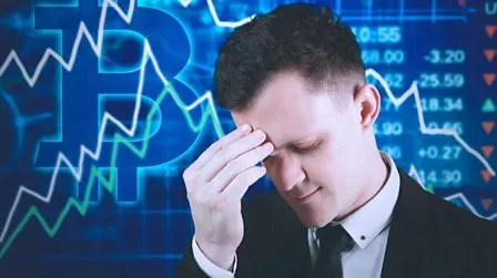 A man in a suit touching his forehead with stock patterns in the background