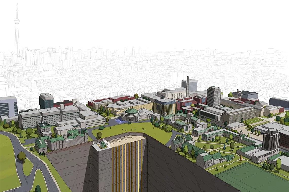 A drawing of downtown Toronto showing a geothermal project deep beneath the UofT St. George campus