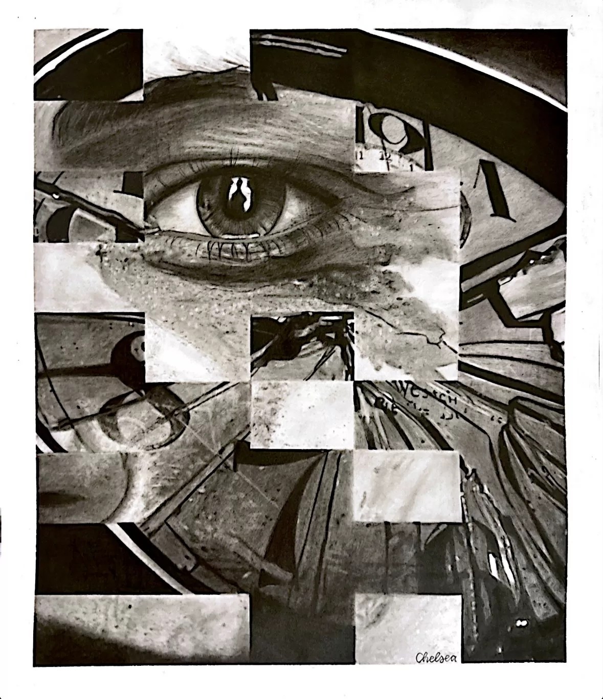 Abstract artistic photo featuring segments of a life-like eye and a photo of a broken clock