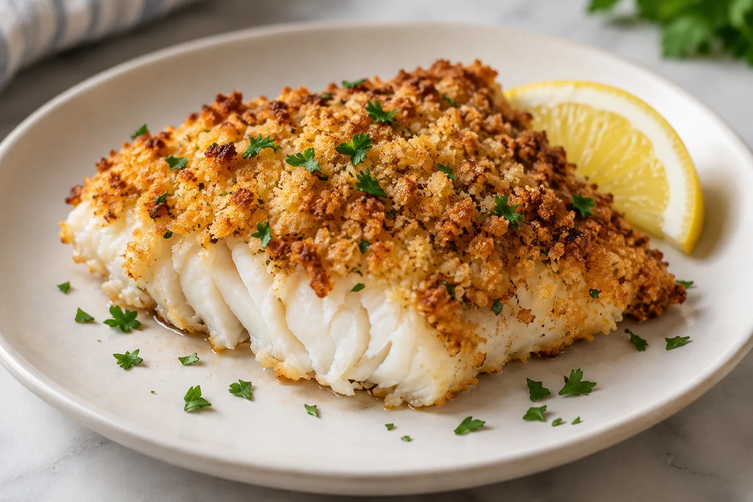 Baked cod with a golden cracker crust, parsley and lemon
