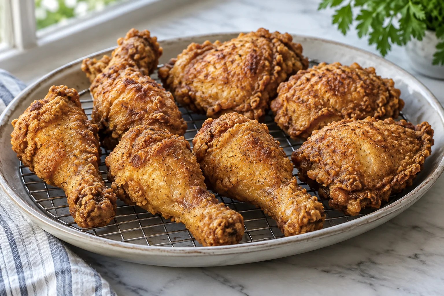 Buttermilk fried chicken legs and thighs on a rack