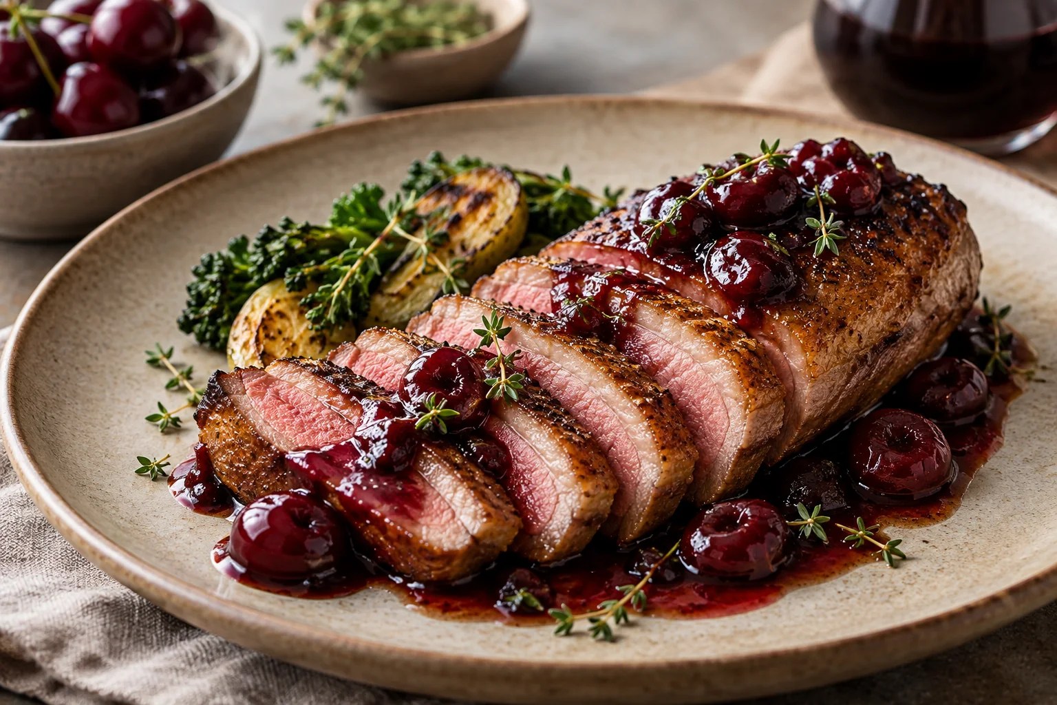 Sliced duck breast with cherry-maple glaze