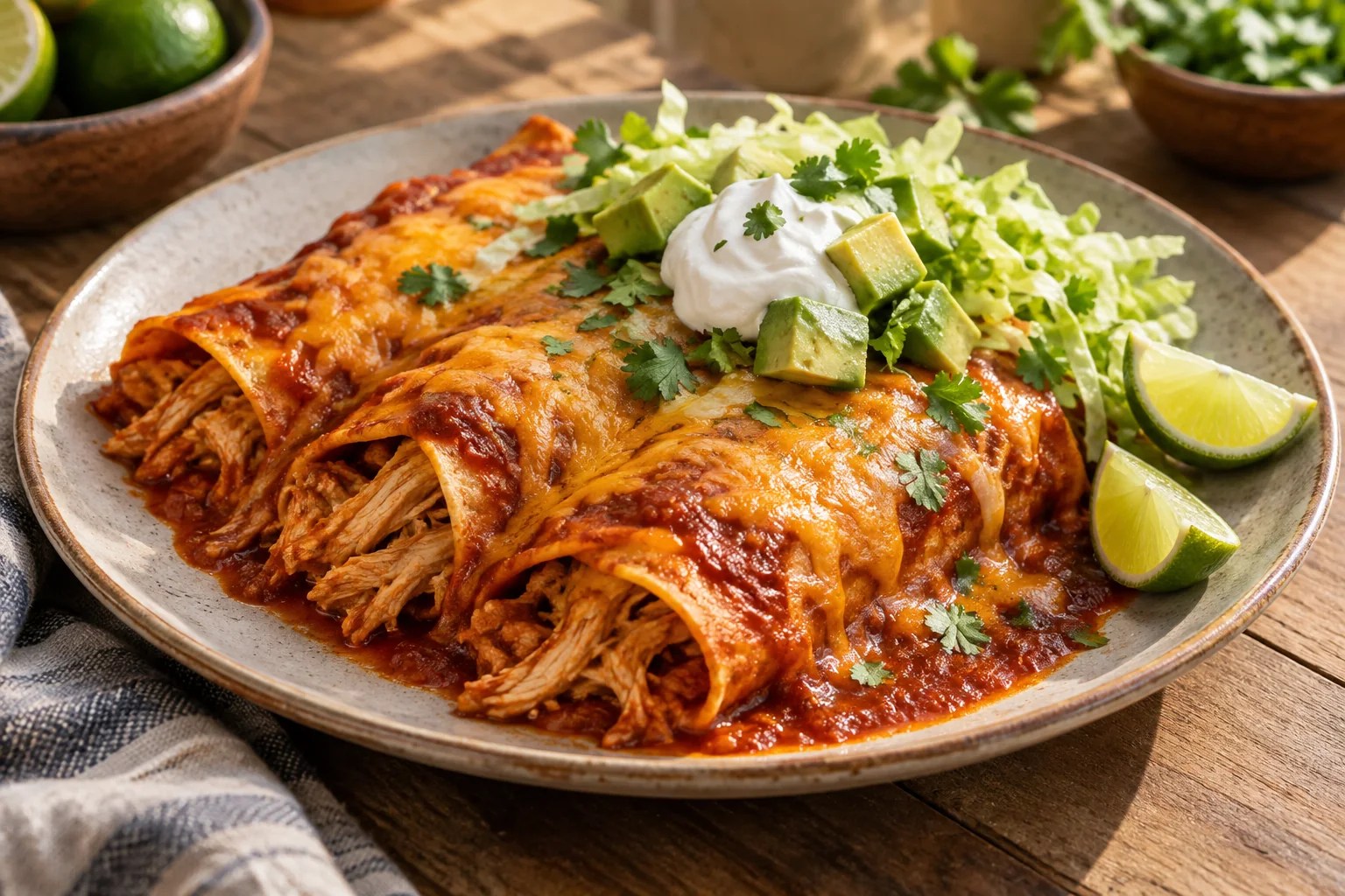 Chicken enchiladas with red chile sauce, cheddar, avocado and lime
