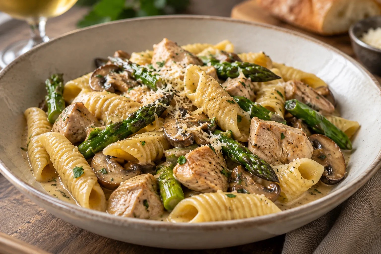 Chicken, Asparagus, & Creminis with Garganelli Pasta in a Marsala Cream Sauce