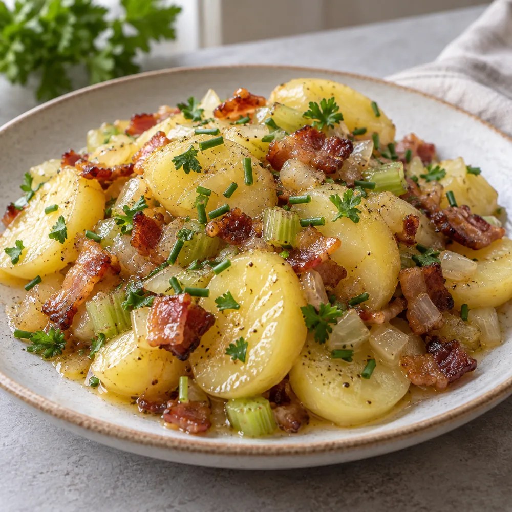 Warm German potato salad with bacon, celery and herbs in a vinegar dressing