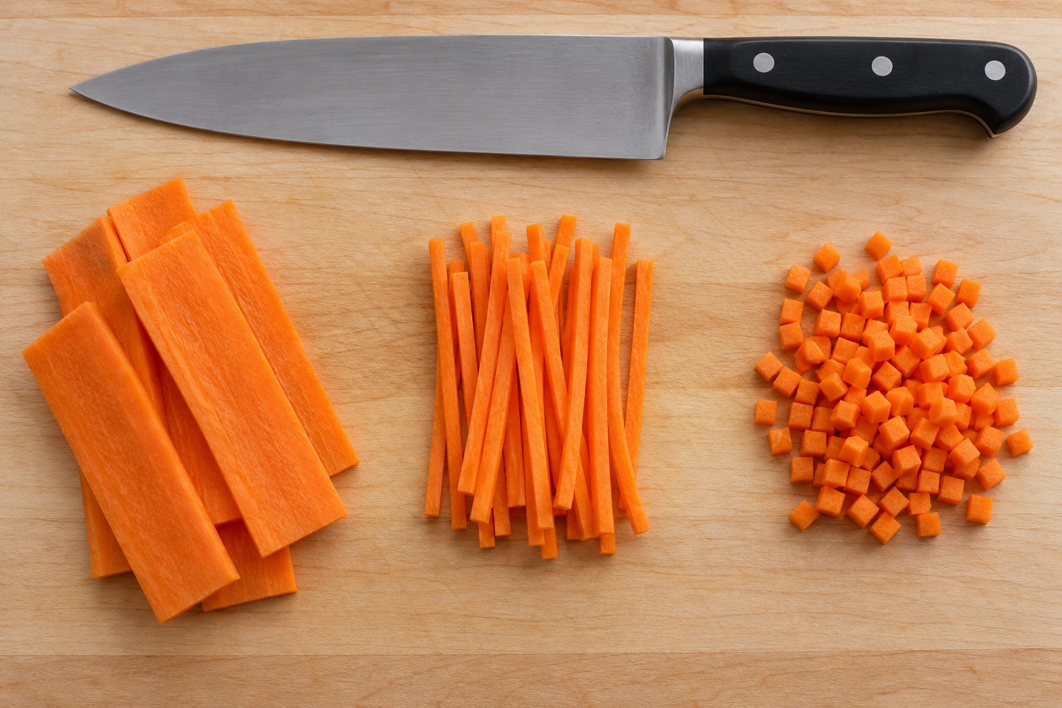Carrot planks, julienne matchsticks and brunoise dice arranged from left to right