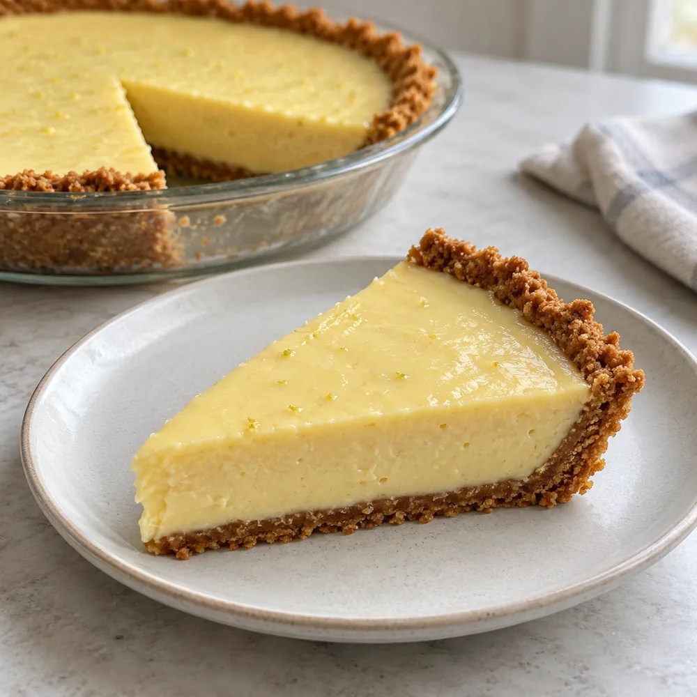 Slice of pale yellow key lime pie with a graham cracker crust