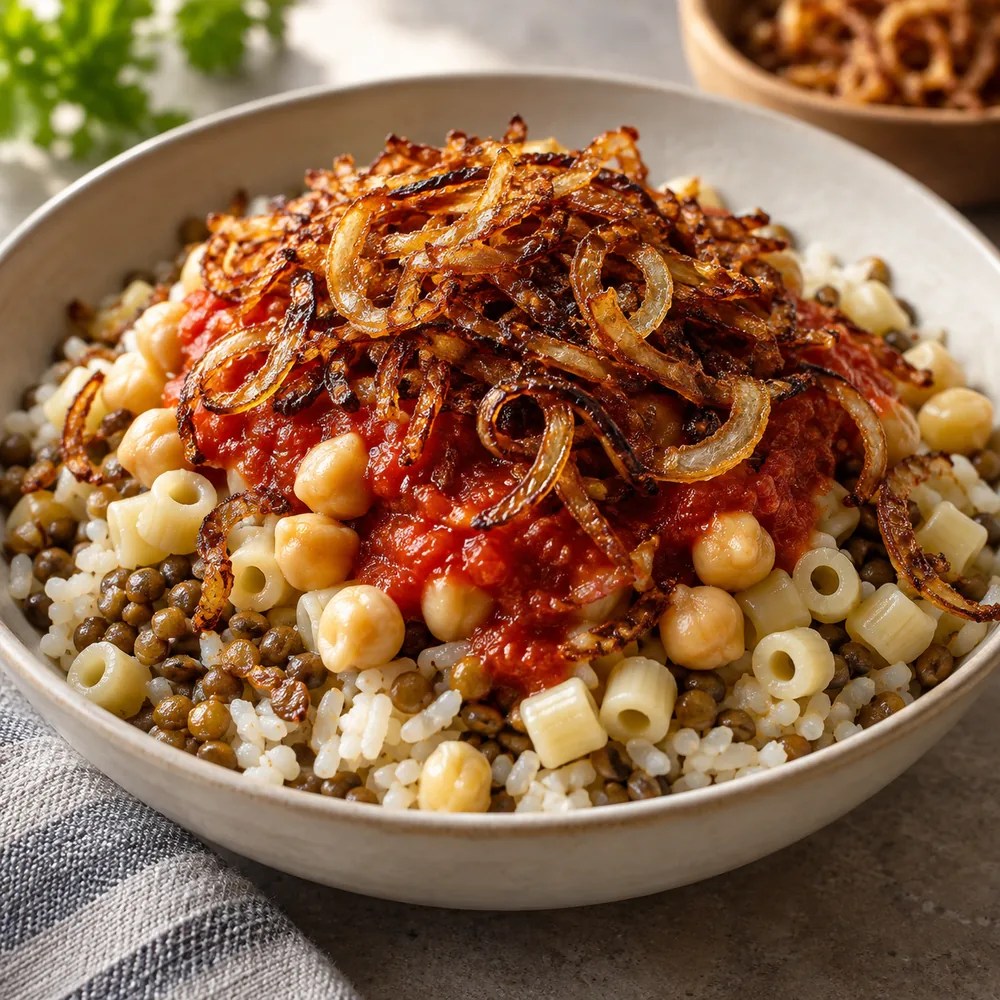Koshari with rice, lentils, ditalini, chickpeas, tomato sauce and fried onions
