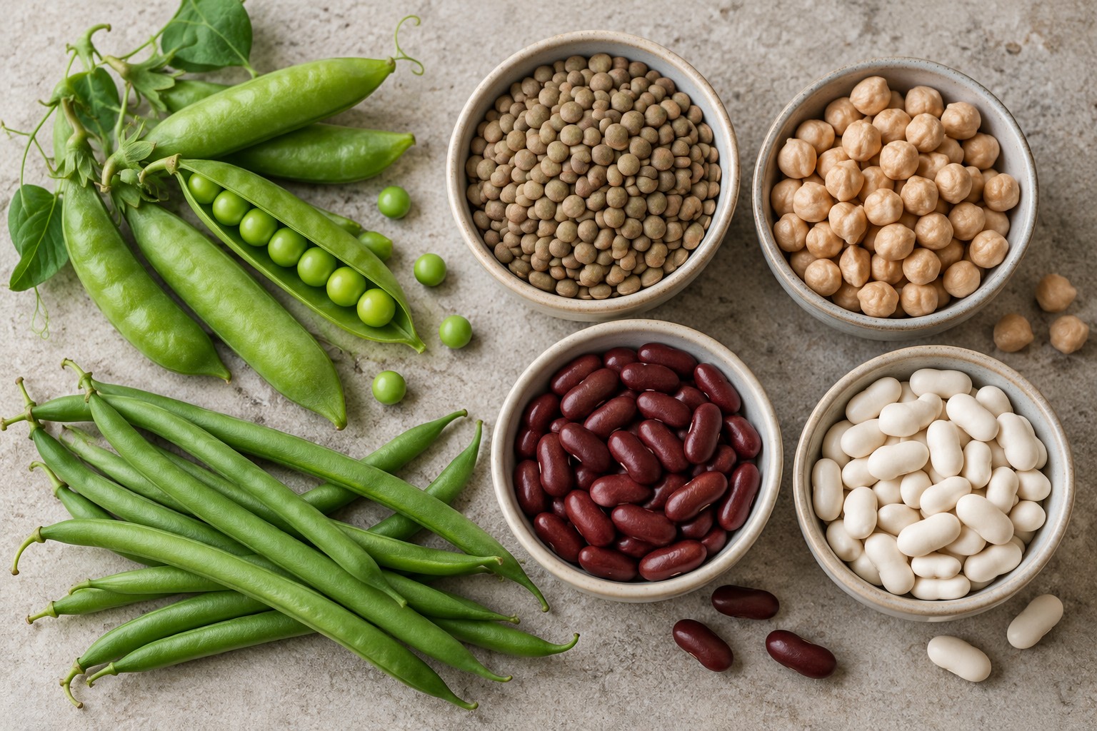 Pea pods, green beans, lentils, chickpeas, kidney beans and white beans