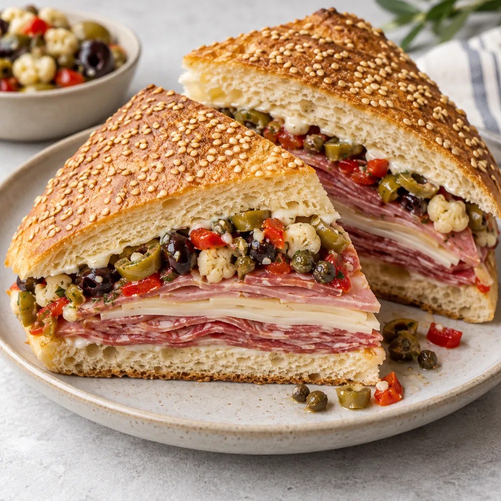 Muffuletta sandwich wedges with cured meats, provolone and chopped olive salad on sesame bread
