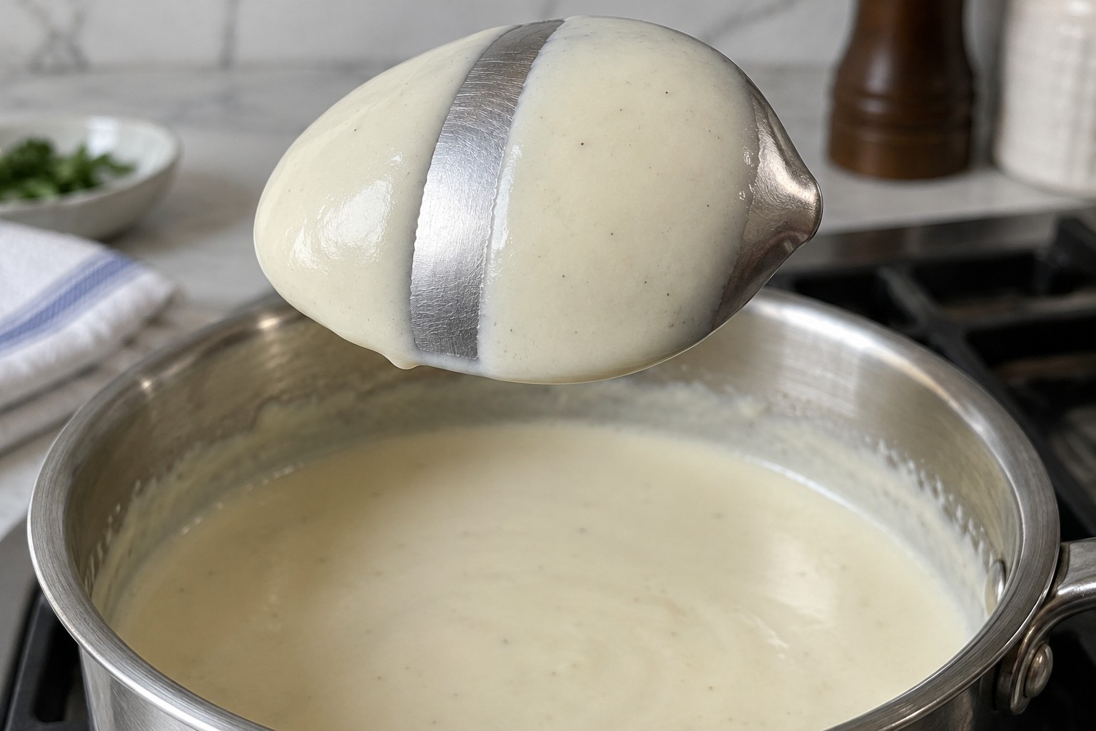 Sauce coating the back of a spoon with a clean line showing nappé consistency