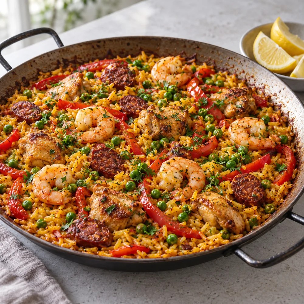 Saffron rice paella with shrimp, chicken, chorizo, red peppers and peas