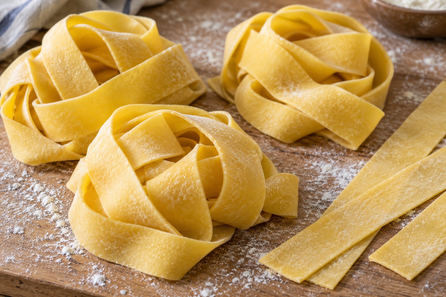 Broad flat ribbons of fresh egg pappardelle pasta