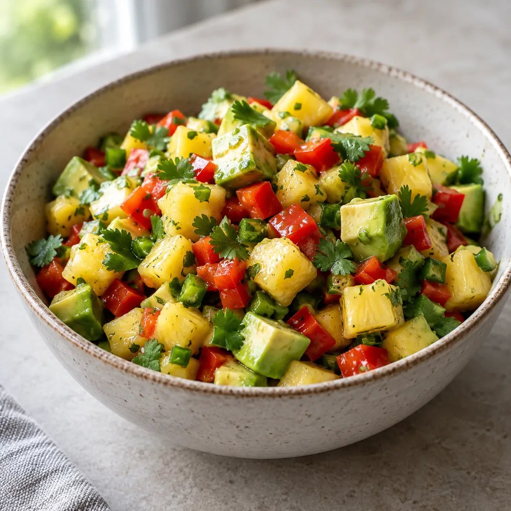 Pineapple avocado salsa with red bell pepper, cilantro and jalapeno