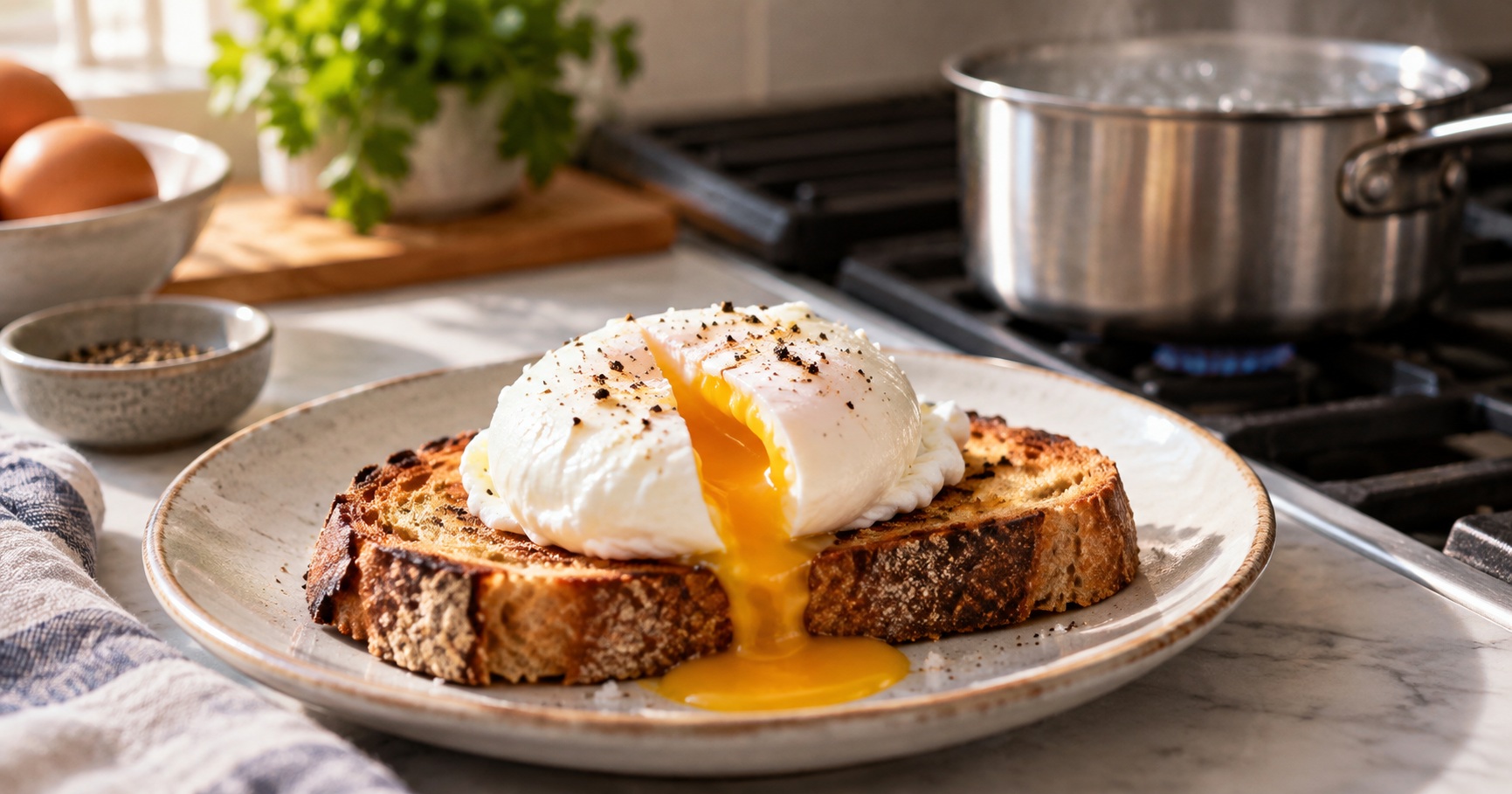 Poached egg with a soft yolk served on toast