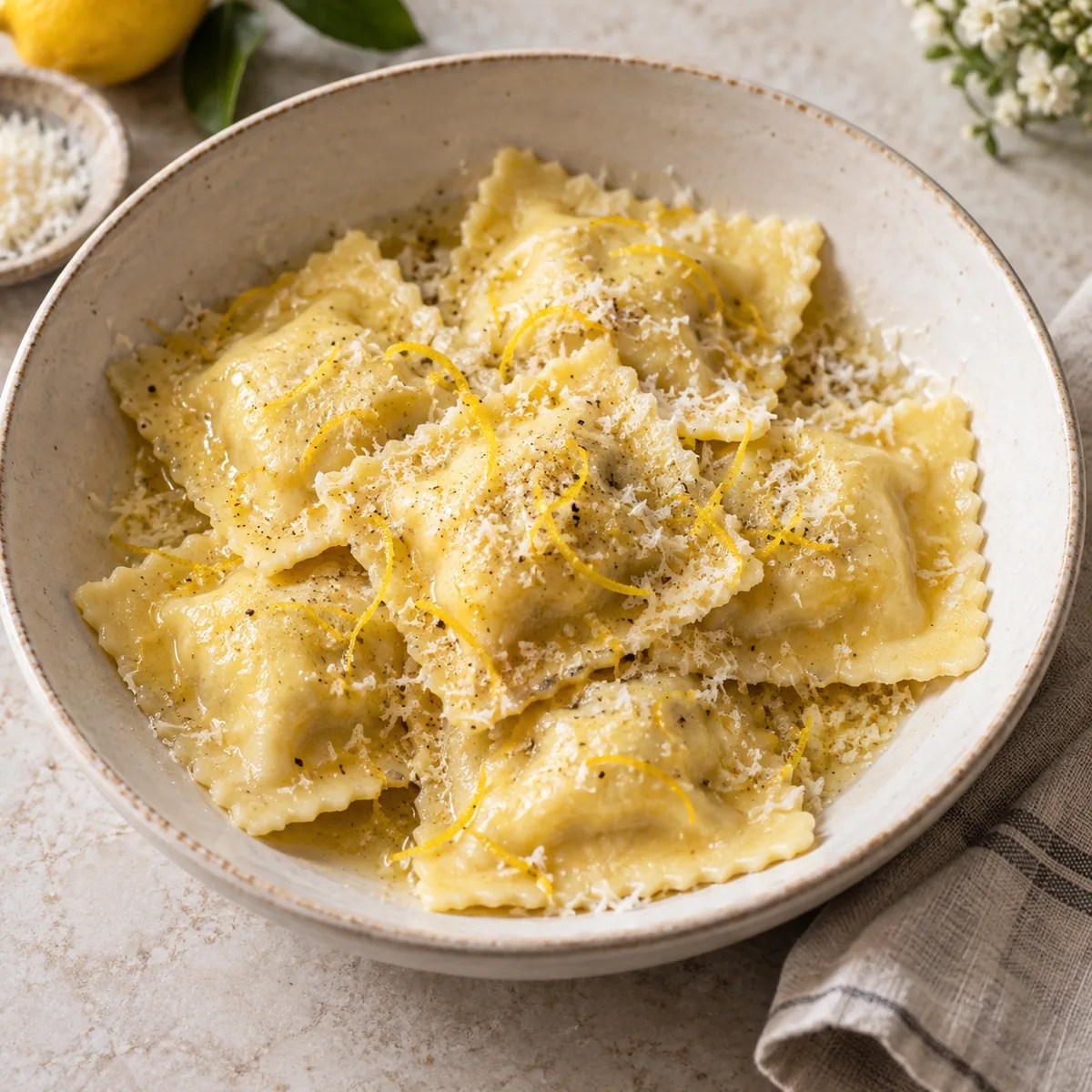 Ricotta ravioli with Parmigiano-Reggiano and lemon zest