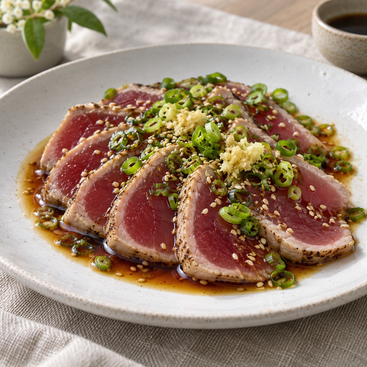 Thinly sliced seared tuna tataki with ponzu, ginger, scallions and sesame seeds