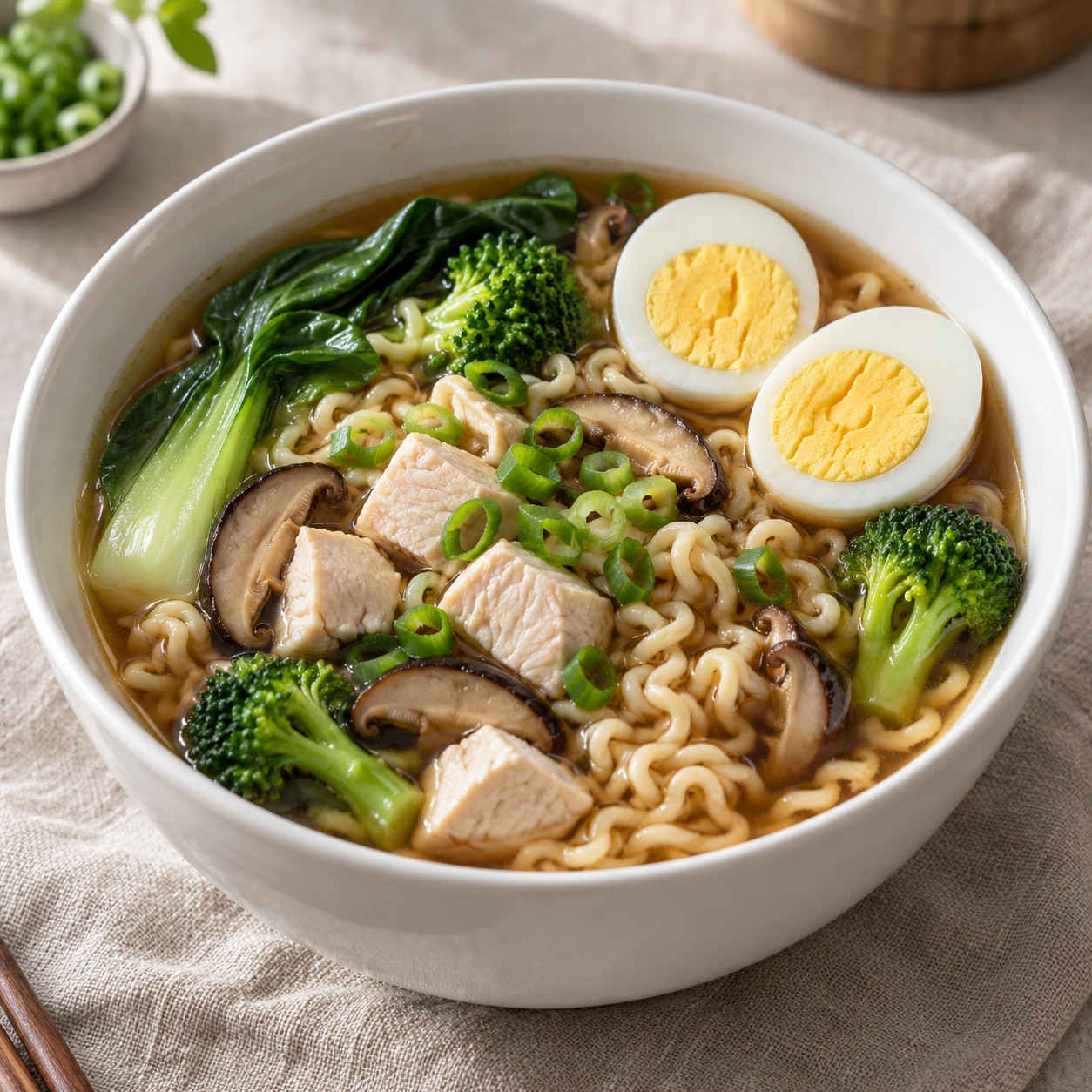 Chicken ramen with broccoli, bok choy, mushrooms and hard boiled egg