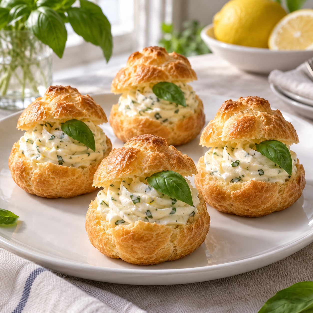 Choux pastry puffs filled with lemon basil cream and topped with fresh basil