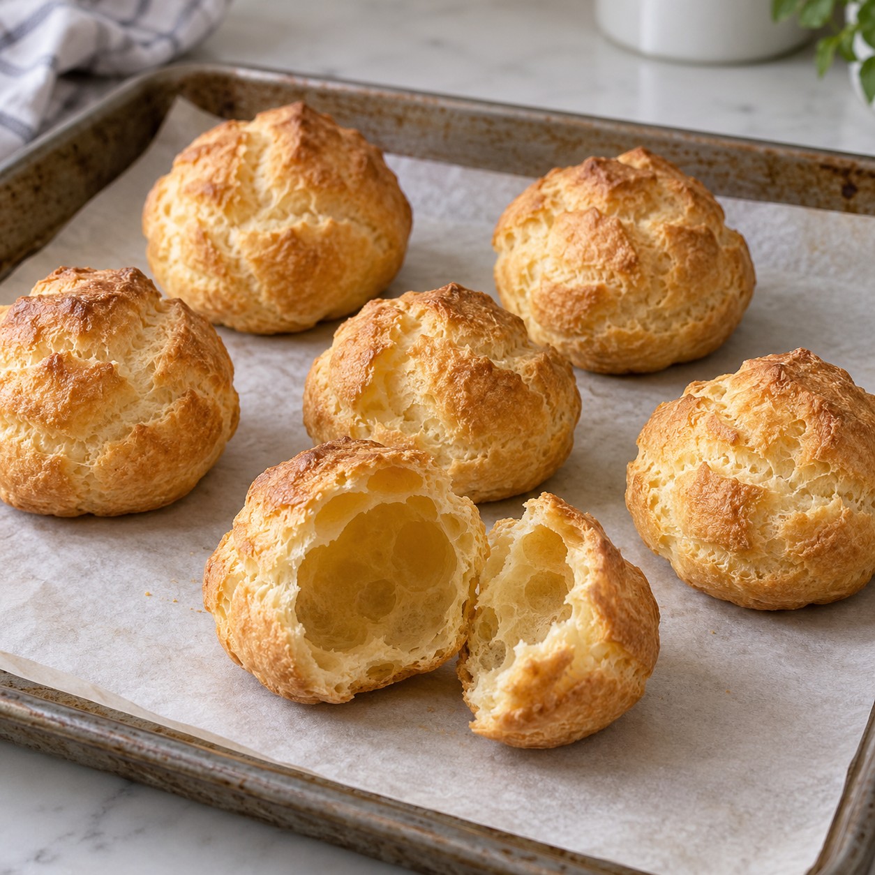 Golden unfilled choux pastry puffs with one opened to show its hollow center