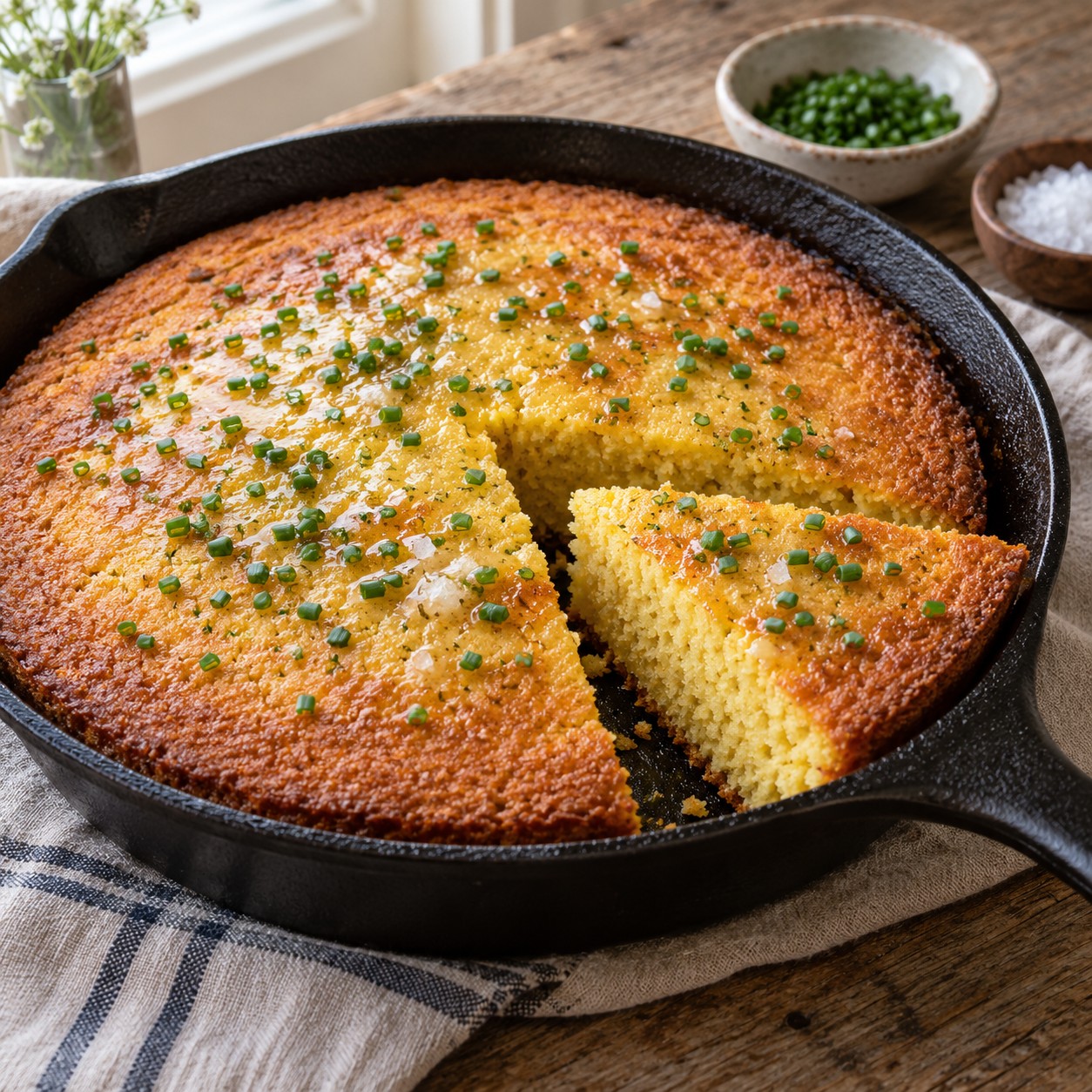 Golden skillet cornbread with butter, chopped chives and sea salt