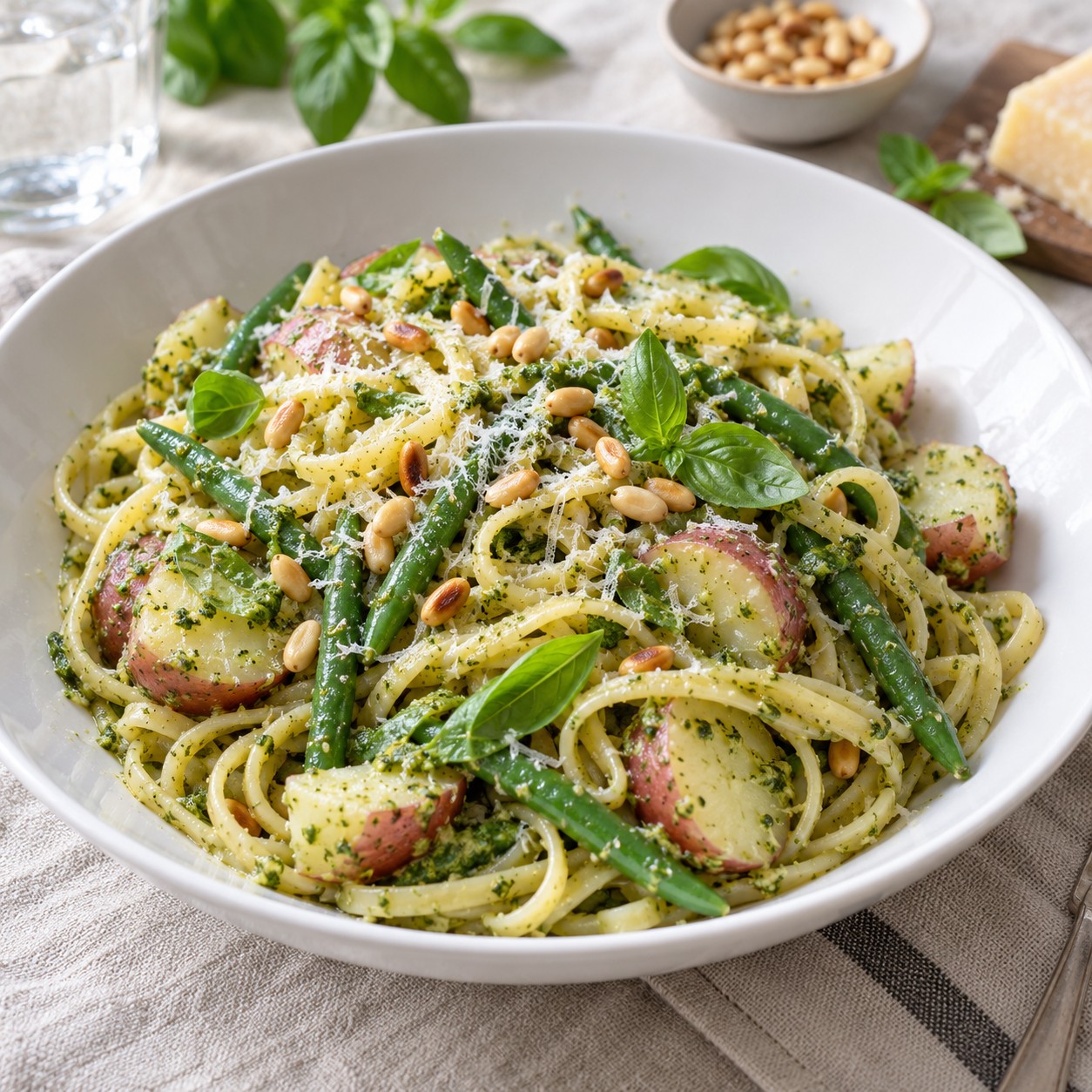 Linguine with basil pesto, red potatoes, green beans, pine nuts and parmesan