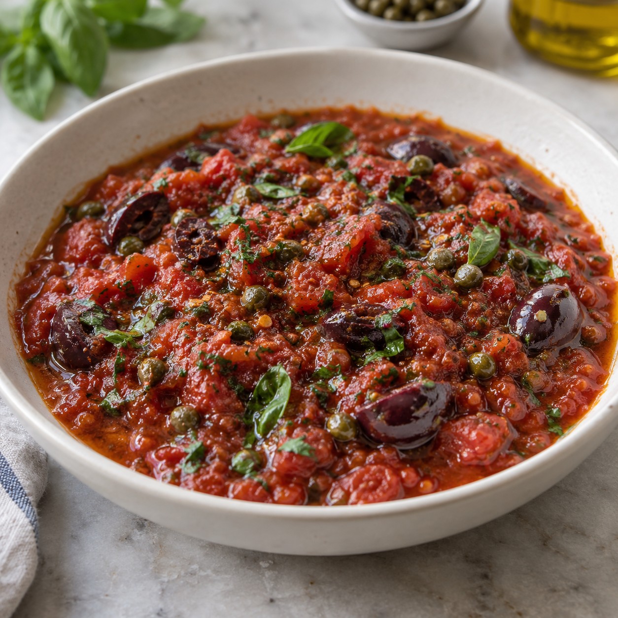 Puttanesca tomato sauce with Kalamata olives, capers and fresh herbs