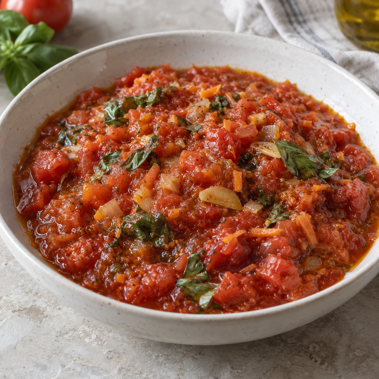 Rustic pomodoro tomato sauce with fresh basil and sliced garlic