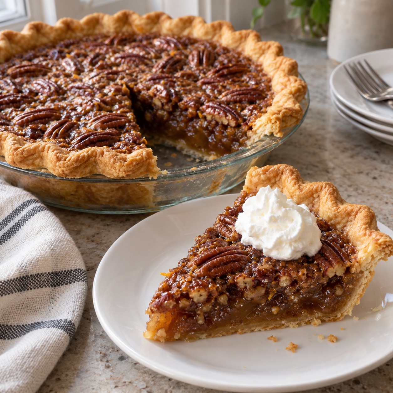 Pecan pie with a flaky crust and a slice topped with whipped cream