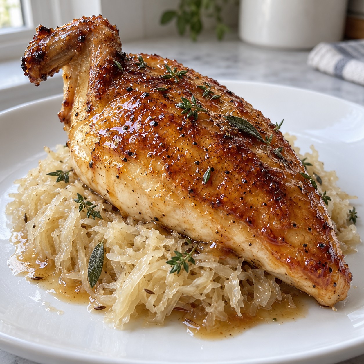 Maple glazed airline chicken breast served over sauerkraut