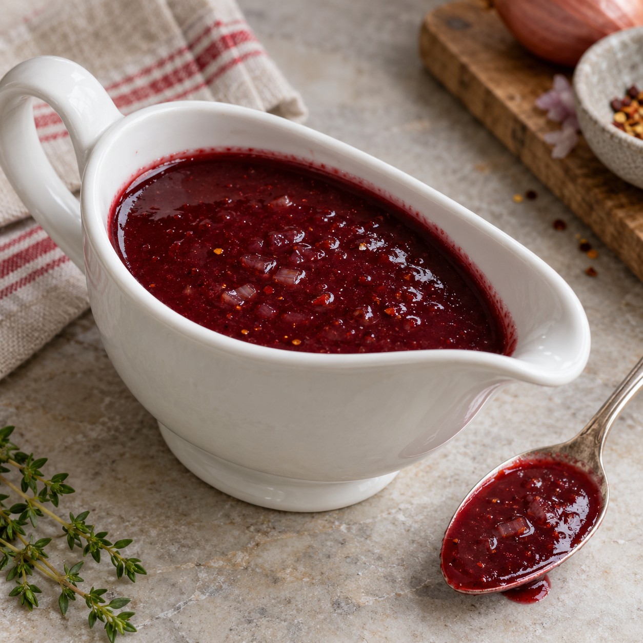 Savory red wine raspberry sauce with shallots and red pepper