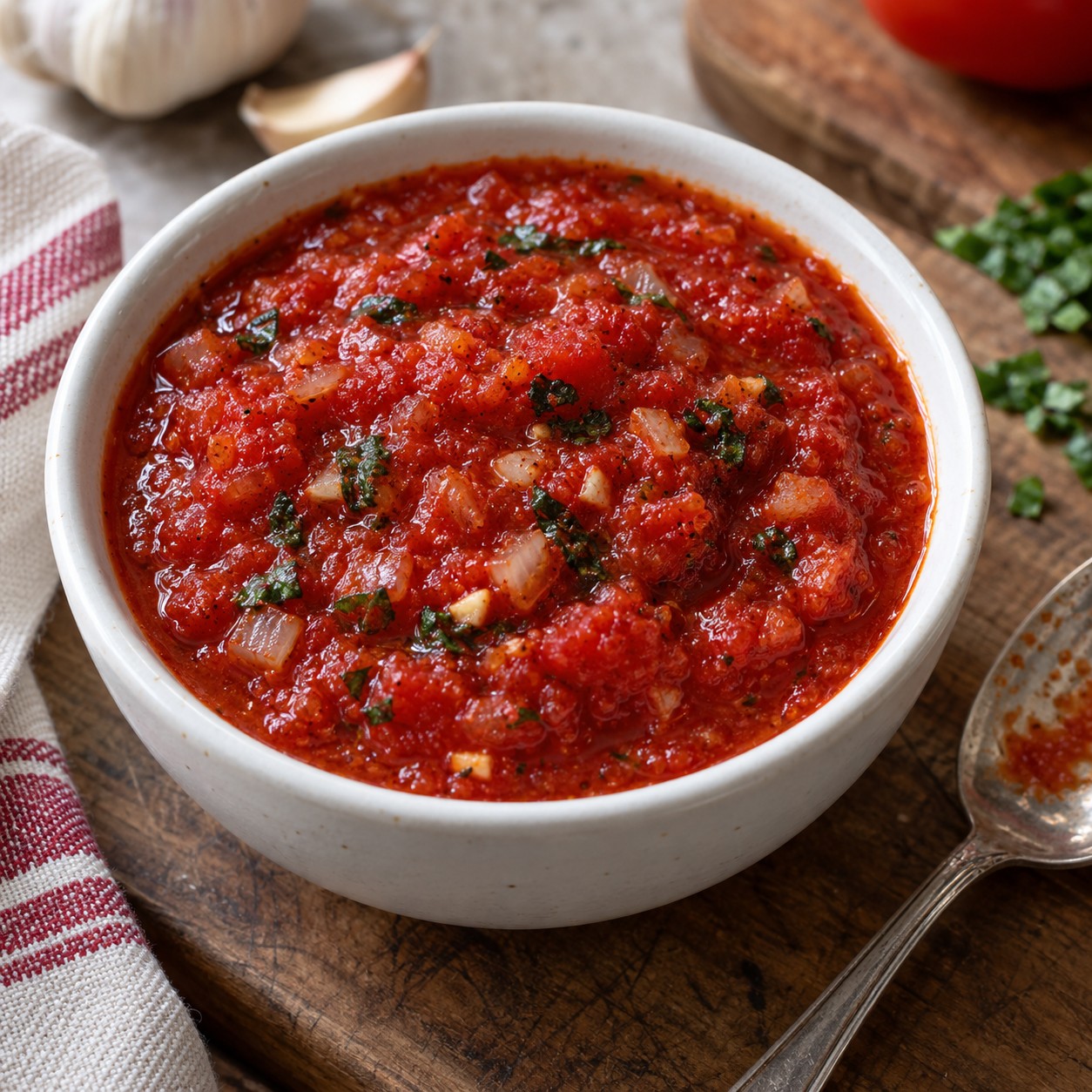 Tomato pizza sauce with chopped basil, onion and garlic