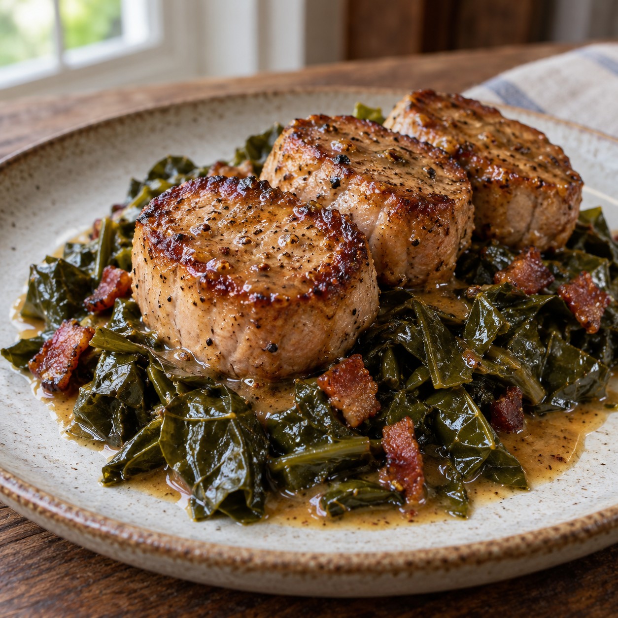 Pork tenderloin medallions with collard greens, bacon and bourbon pan sauce