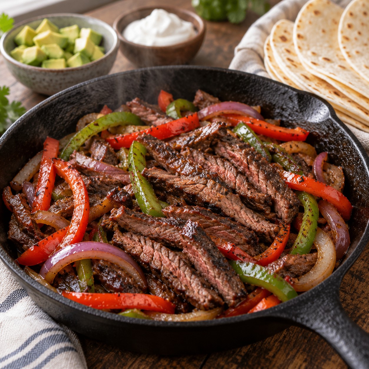 Skillet steak fajitas with bell peppers, red onions and warm tortillas
