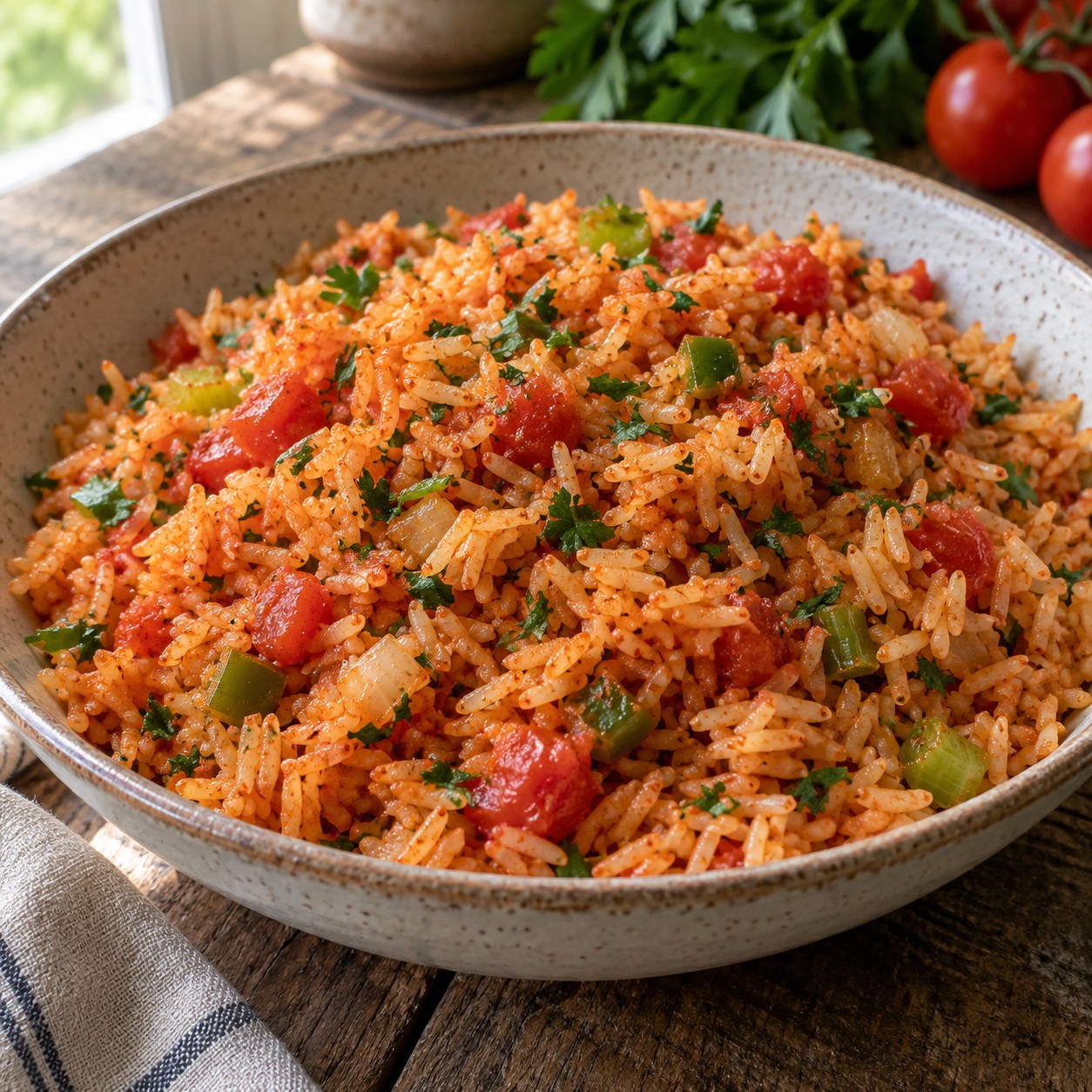Tomato red rice with bell pepper, celery and parsley