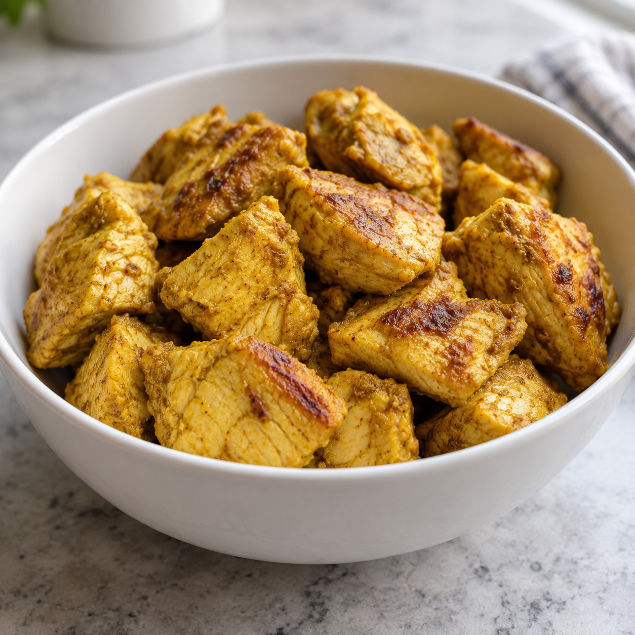 Browned chicken breast pieces lightly coated with turmeric and curry sauce