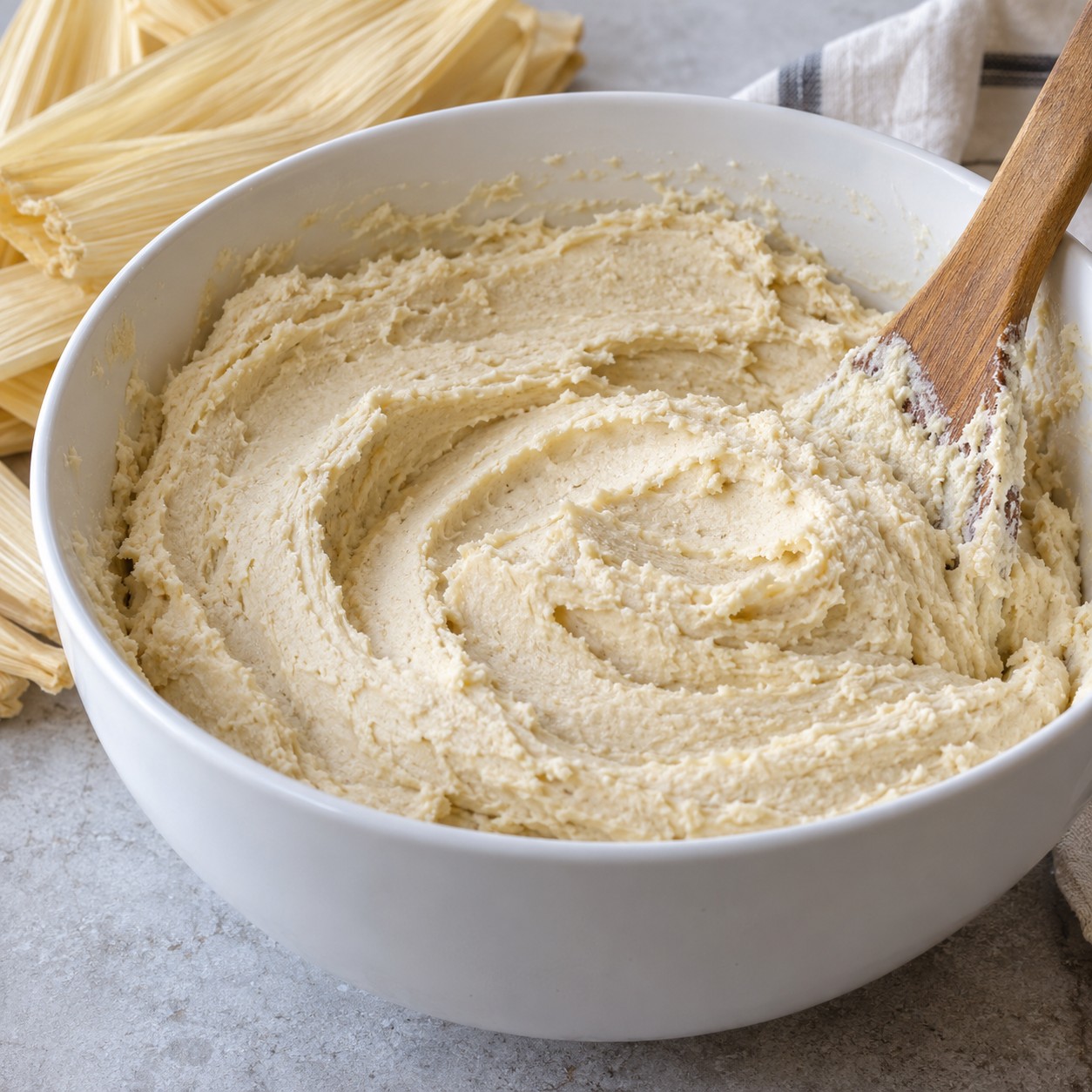 Plain whipped masa batter for tamales in a mixing bowl